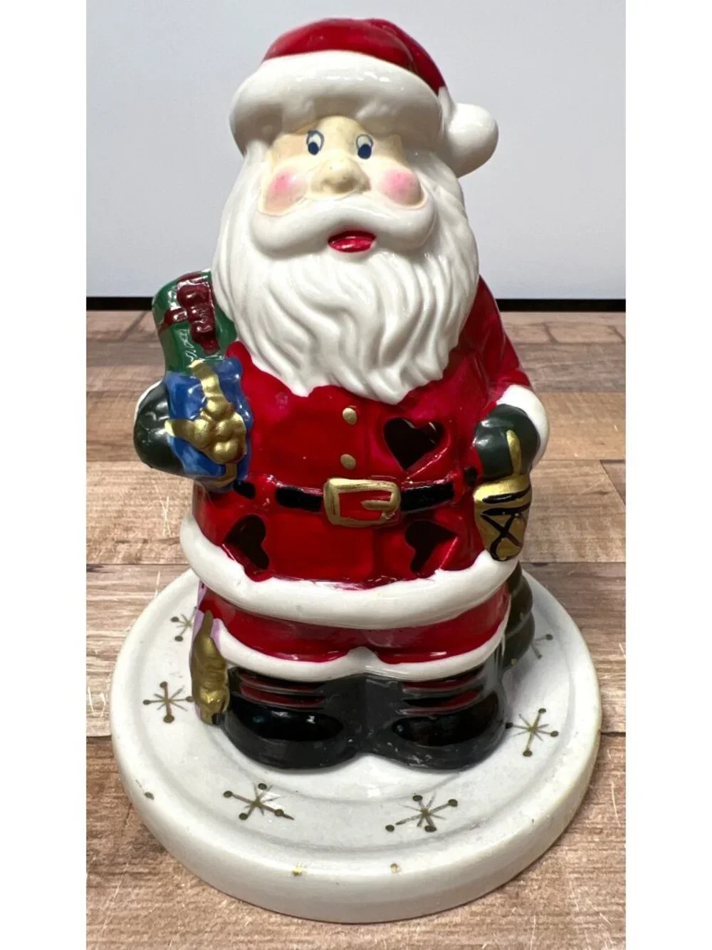 Ceramic Santa Claus Tealight Holder With Heart Cutouts & Snowflake Base